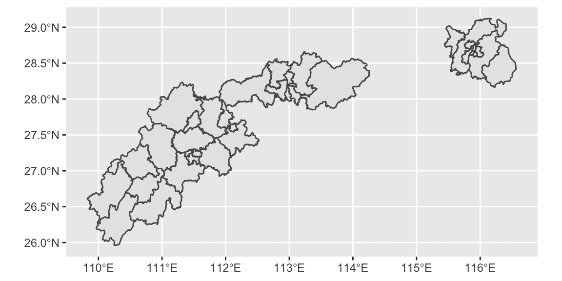 使用 ggplot2 绘制两省四市区县级地图