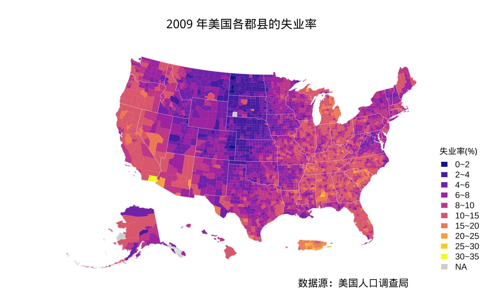 2009 年美国各个郡县的失业率分布